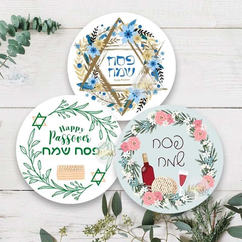 Happy Passover Jewish Holiday Stickers Labels Hebrew Celebration Stickers Flower Decoration