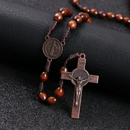 Christ Jesus Wooden Beads 8mm Rosary Bead Cross Car Pendant Woven Rope Chain Necklace Religious Orthodox Praying  Jewelry