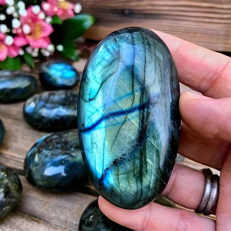 1pc natural labradorite palm stone - hand-polished oval massage and worry stone, iridescent blue hue