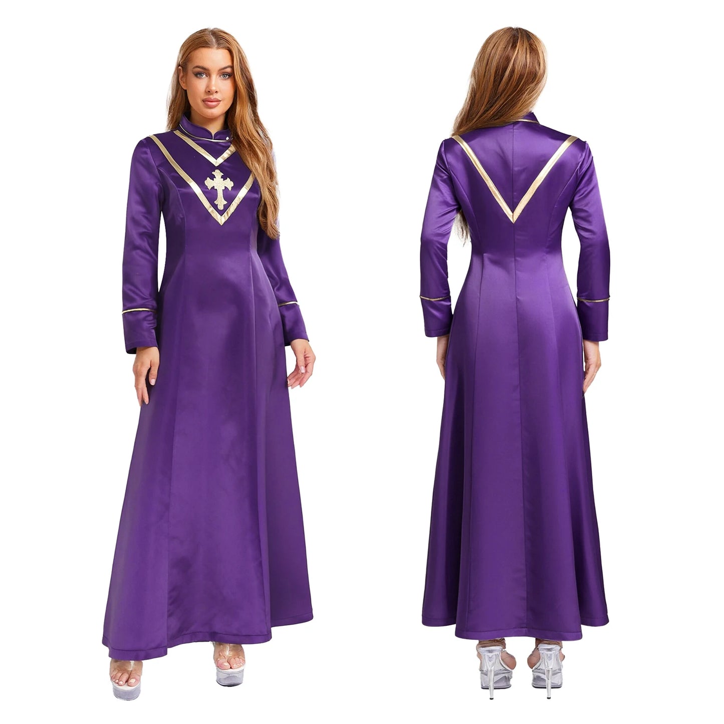 Women Pastor Robe Cassocks Long Sleeve Cross Print Priest Vestment Church Choir Gown Halloween Catholic Clergy Cosplay Costume