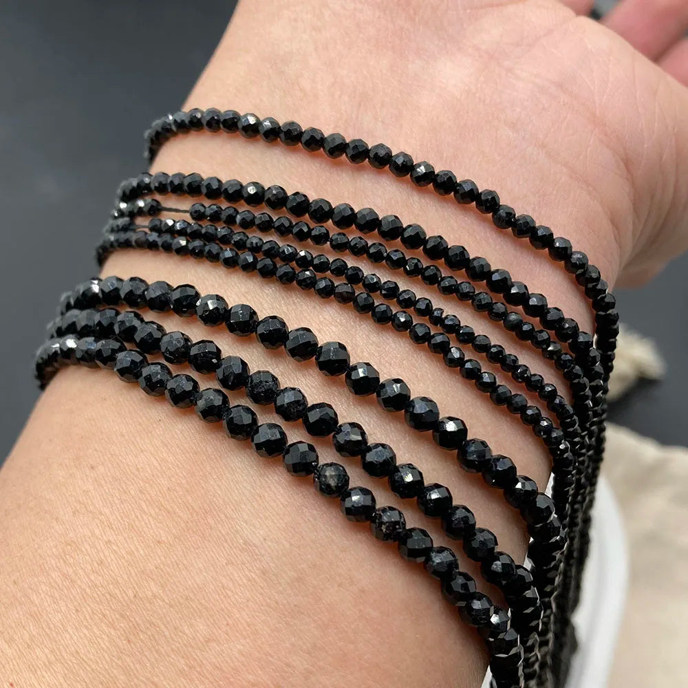 2mm 3mm 4mm Black Tourmaline Faceted Round Stone Natural Crystal Energy Loose Gemstone For DIY Men Women