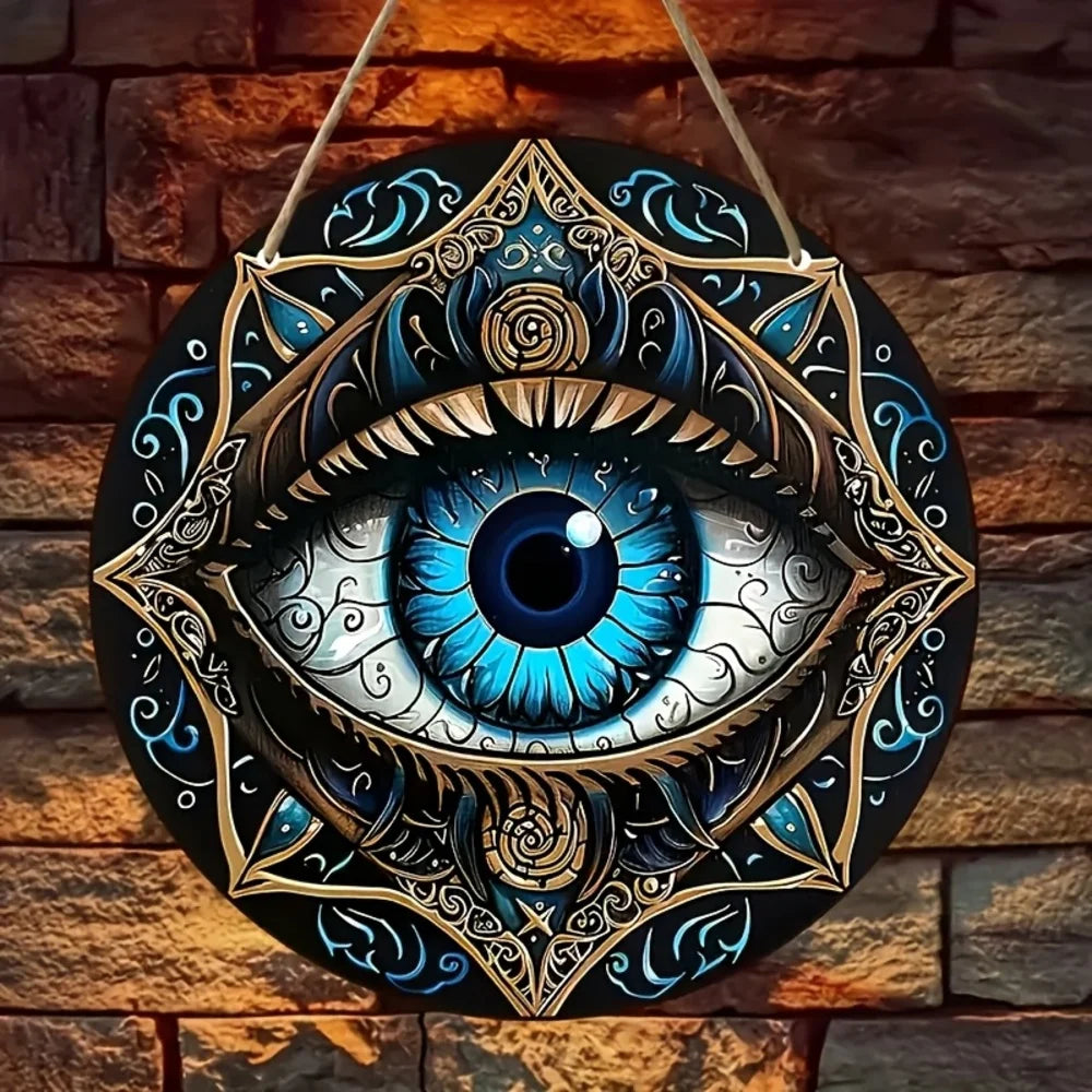 1 piece, "Bohemian style evil eye protection pattern design" round wooden decorative plate, wooden listing, door and window