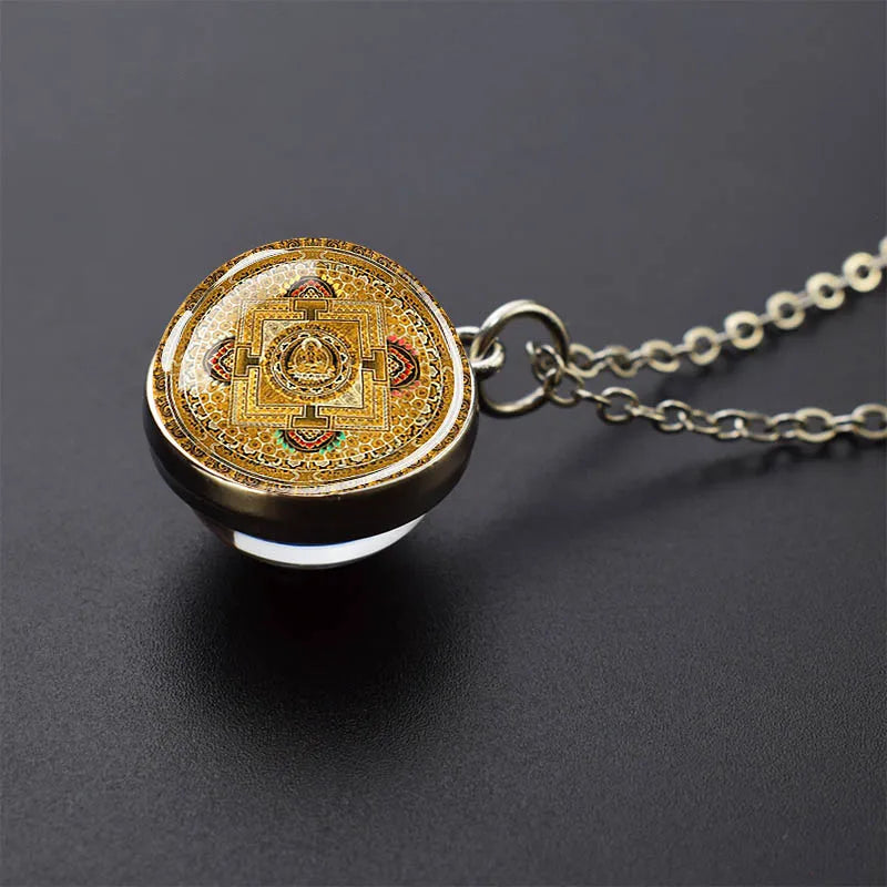 Sacred Geometry-Metatron's Cube Necklaces Sri Yantra Mandala Double Side Glass Ball Pendant Necklace Buddhist Yoga Jewelry Gift