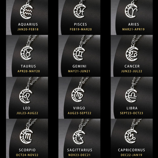 LIKGREAT Celtic Moon 12 Star Zodiac Sign Necklace Stainless Steel 12 Constellation Pendant Choker Crescent Jewelry Birthday Gift