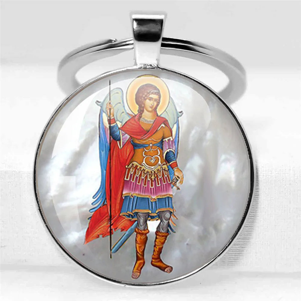 25mm/30MM Archangel Saint Michael Protect Me Holy Shield Angel Protection Glass Pendant Christian Keychains Jewelry Gift