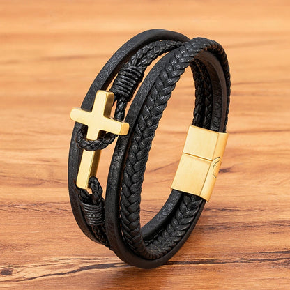 XQNI New Cross Men's Leather Bracelets Stainless Steel Magnet Clasp Charms Fashion Punk Bangle Homme Christian Jewelry Gifts
