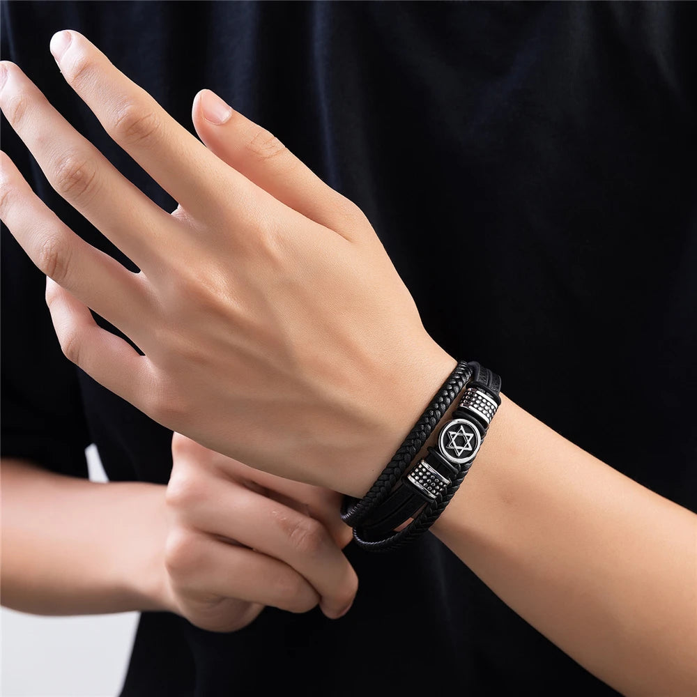 Retro Norse Hexagram Star of David Bracelet Men Stainless Steel Six Point Star Amulet Leather Wristband Religion Jewish Jewelry