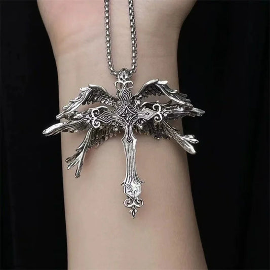 New Retro Six Winged Angel Cross Pendant Necklace keychain European American Unique Exaggerated Fashion Accessory Wholesale
