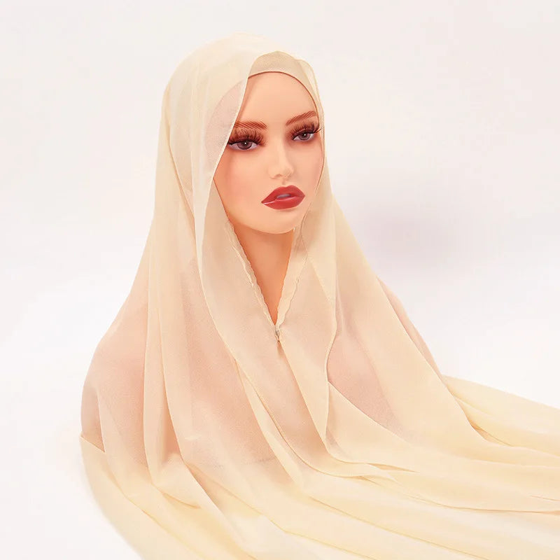 Premium Chiffon Hijab With Bulit-in Magnets Solid Color Easy To Wear Shawl Wrap With Undercap For Muslim Women