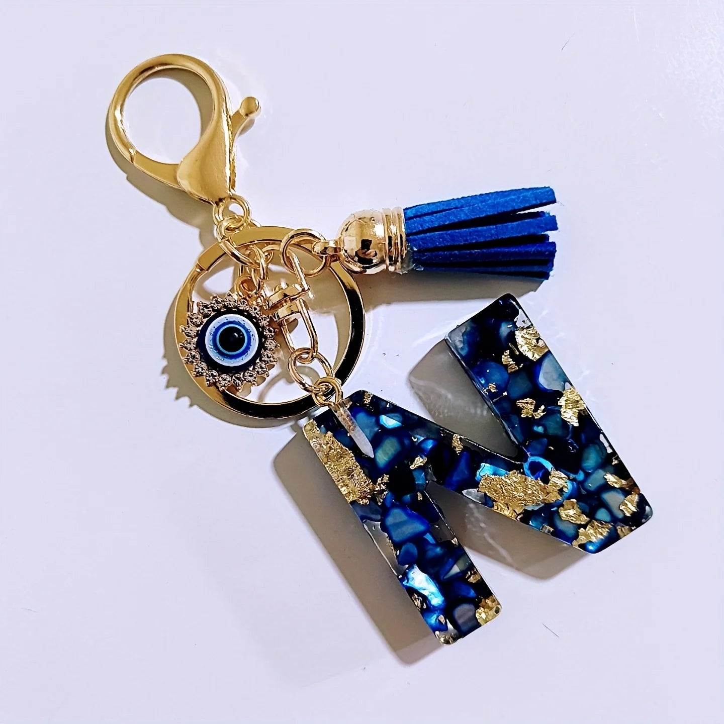 Blue Resin Initial Keychain - Evil Eye Letter Charm with Rhinestones & Tassel, Stylish Gift for Women, Lobster Clasp Accessory