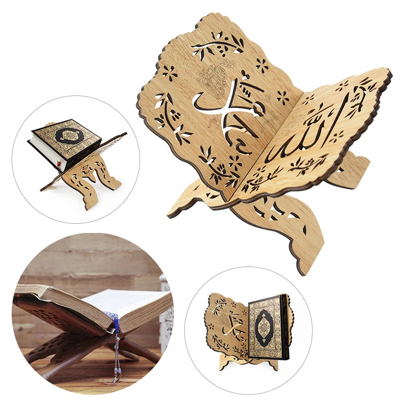 Eid Mubarak Wooden Quran Holy Book Stand Holder Display Bible Rack Ramadan Decor Islamic Muslim Home Ornament Folding Book Shelf