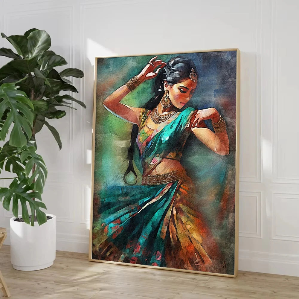Indian Woman Folk Dance Poster Ethnic Girls Canvas Painting Print Wall Art Pictures for Living Room Home Decor Cuadros