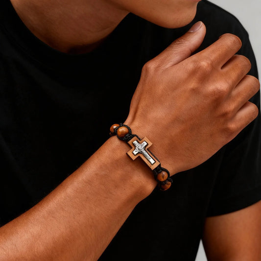 Crucifix Cross Beaded Bracelets for Men, Brown Wooden Bead Adjustable Woven Rosary Wristband,Religous Jewelry