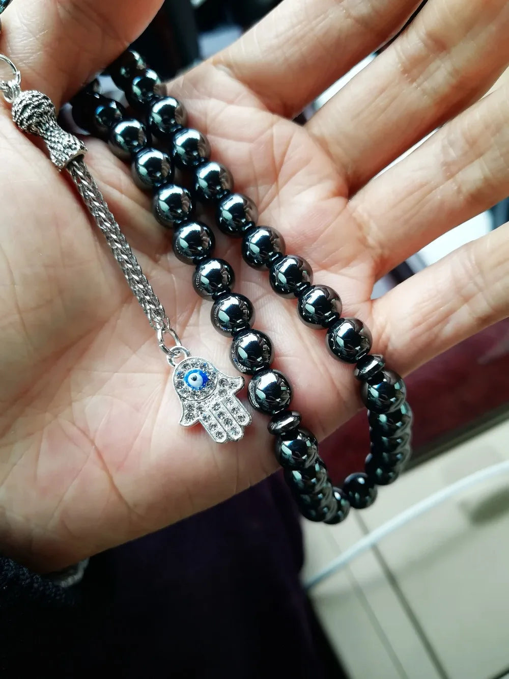 100% Natural 33 hematite Fatima/Hamsa jewelry Muslim rosary prayer beads Tasbih tesbih Allah Masbaha Misbaha sibha subha