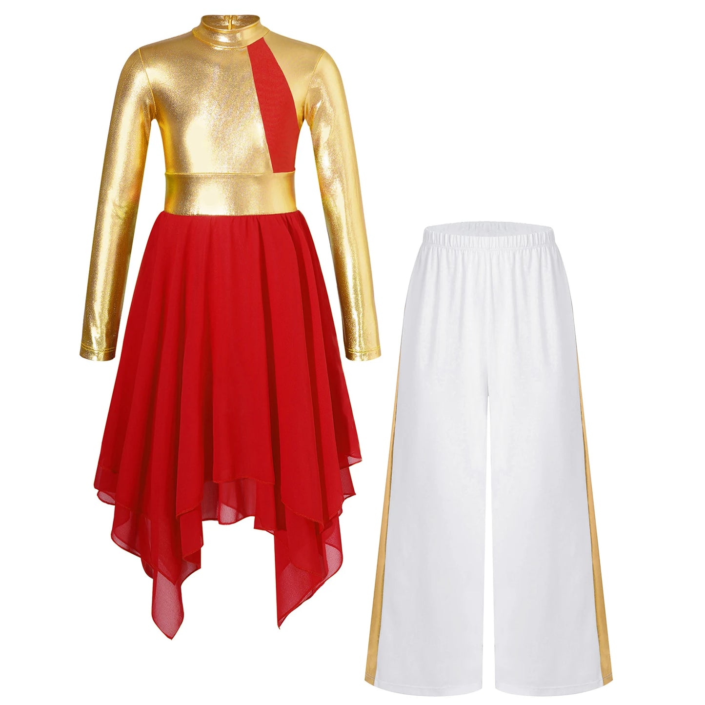 Kids Girls Praise Clothes Set Ballet Lyrical Performance Costume Metallic Church Christian Worship Robe Dress Tunic Dancewear