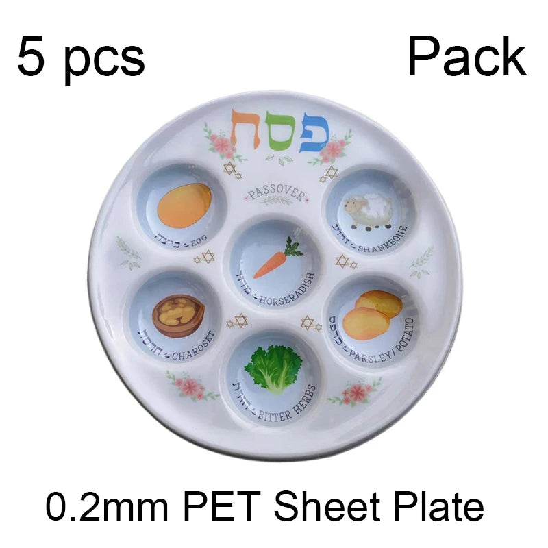 Jewish 6-Section Passover Seder Plate - Kosher, Melamine/Plastic/Silicone/Disposable Paper, with Food Labels & Elegant Designs