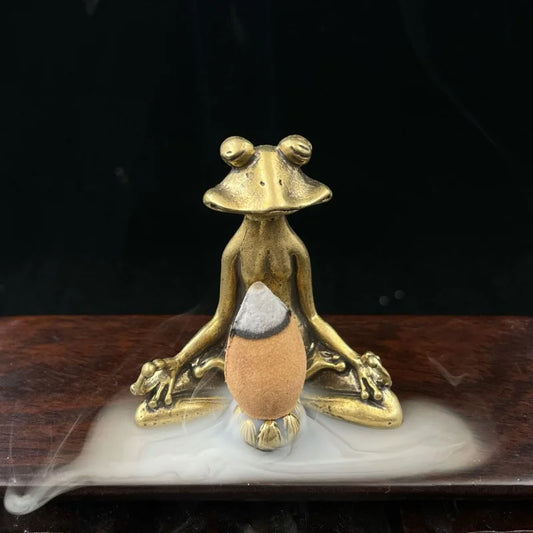 Copper Yoga Frog Figurine Taoism Zen Frog Incense Holder Brass Craft Collection Statuette Tea Pet Feng Shui Ornament Home Decor