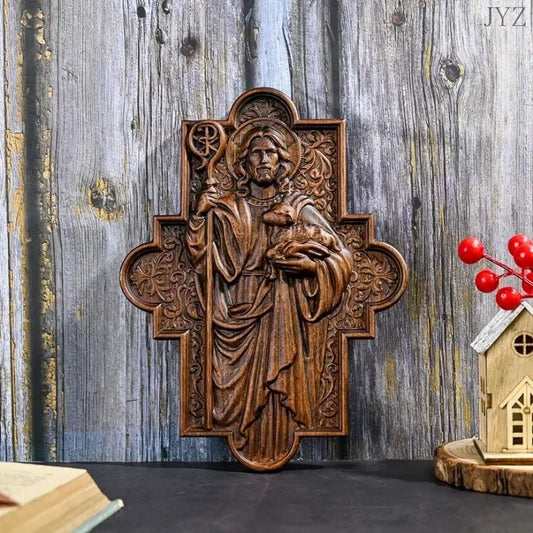 High Quality Wood Carving Jesus Shepherd Icon Sculpture Plaque Catholic Home Living Wall Decor