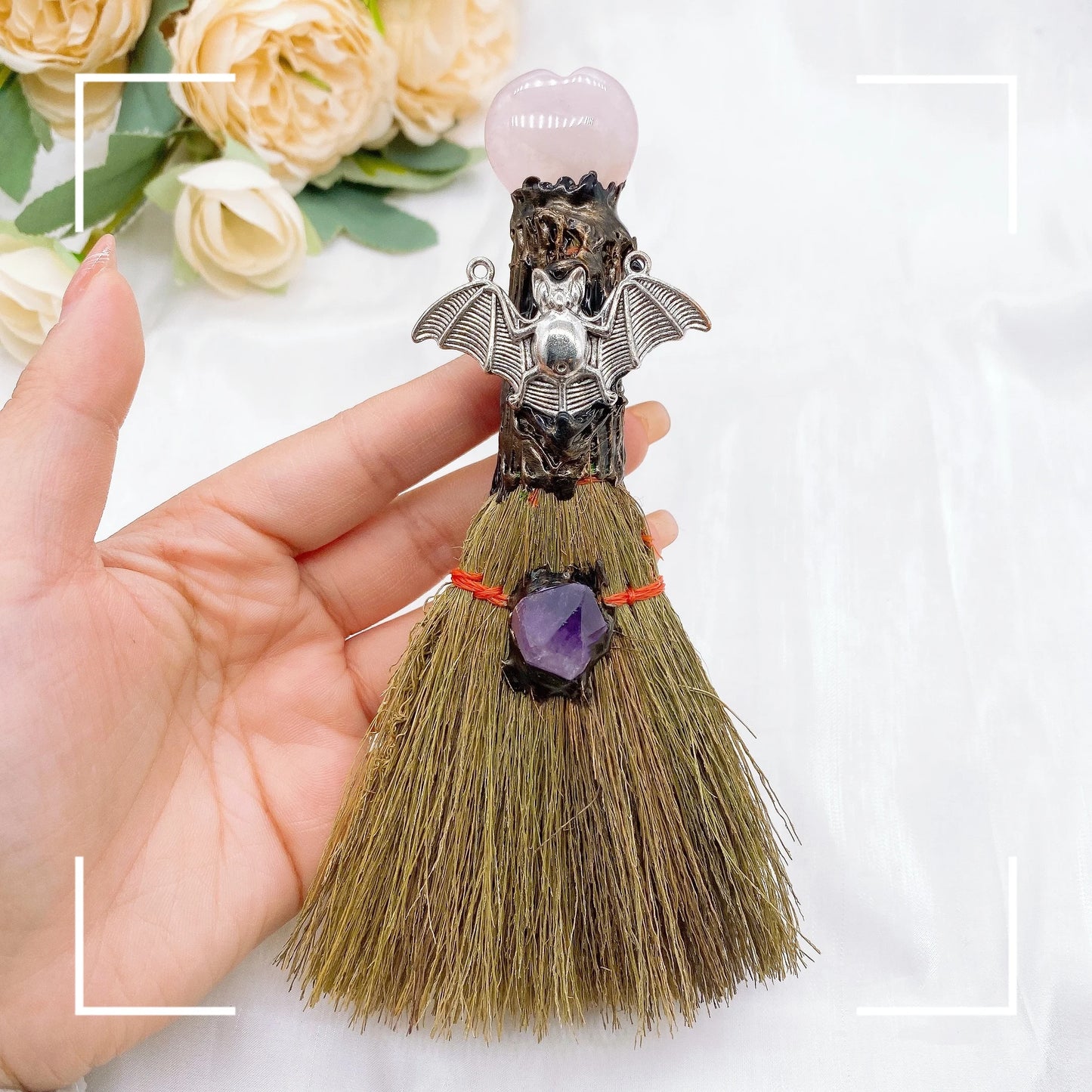 Natural Amethyst Crystal Love Heart Magic Broom Gem Crafts Home Decoration Reiki Healing Witch Broomstick Christmas Gift