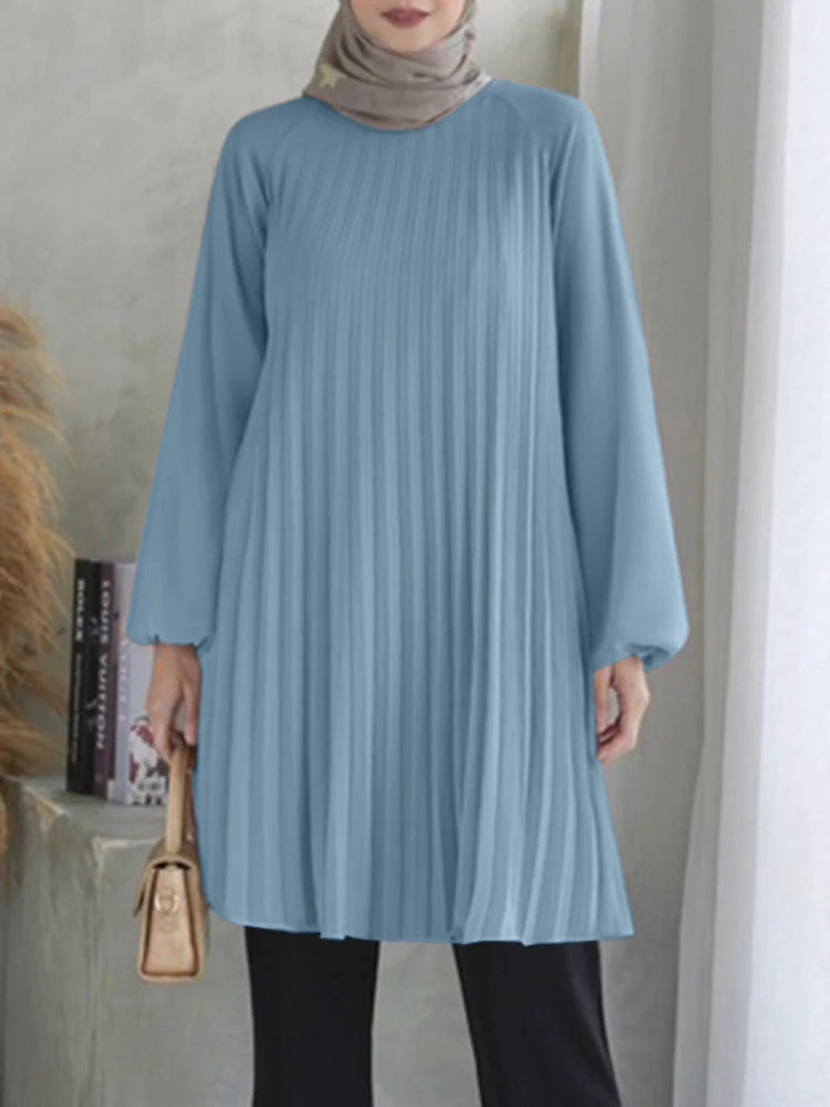 ZANZEA O Neck Islamic Hijab Abaya Blusas Solid Raglan Sleeves Casual 2024 Fall Long Tops Women Pleated Muslim Fashion Blouses