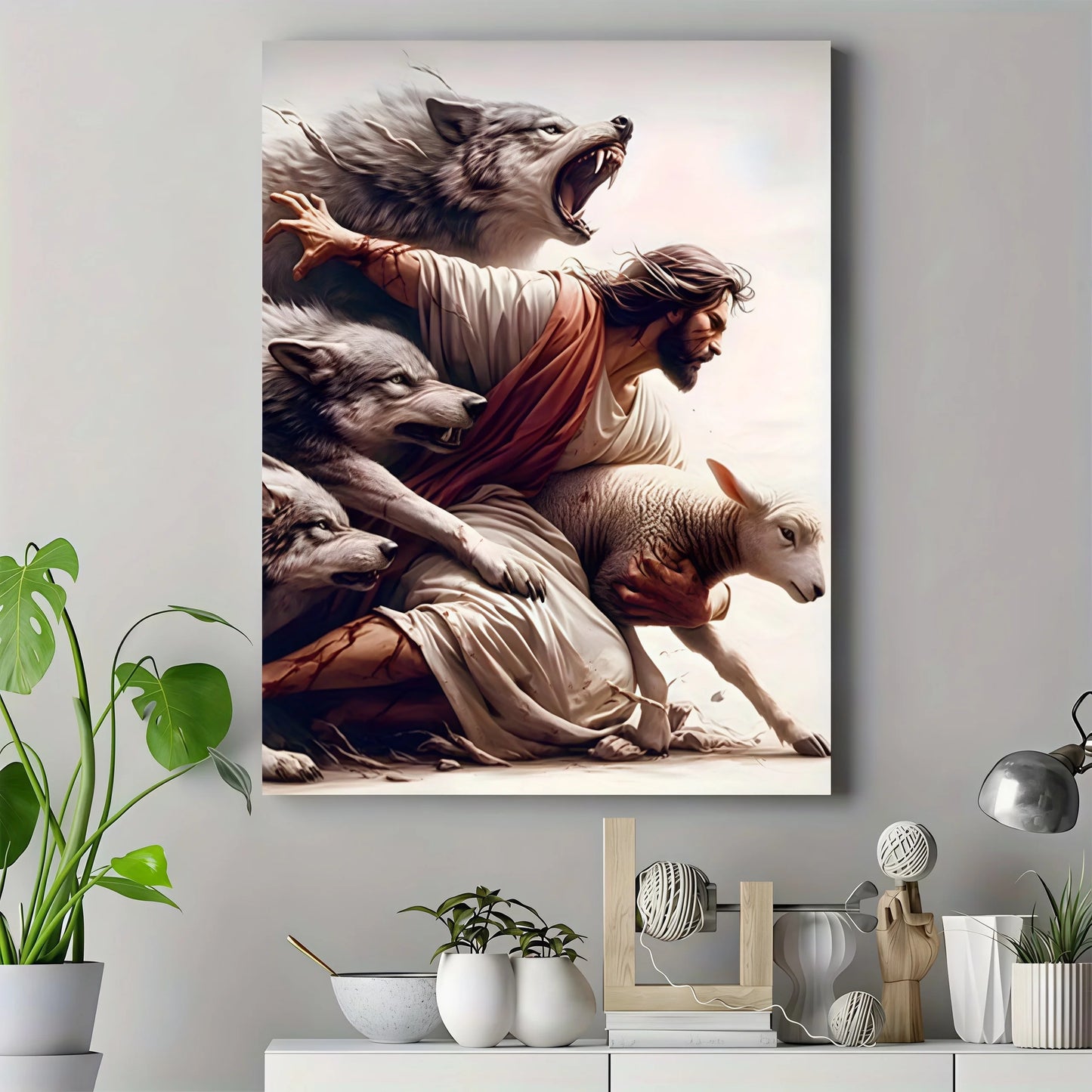 1pc, Protecting a Lamb from Wolves- Powerful Spiritual Protector Art framed canvas artwork for home and office decoration