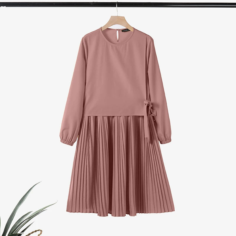 ZANZEA Women Chic Long Tops Islamic Muslim Fashion Hijab O-Neck Wrapped Pleated Hem Blouses Modest Tied Long Sleeve Solid Tunics