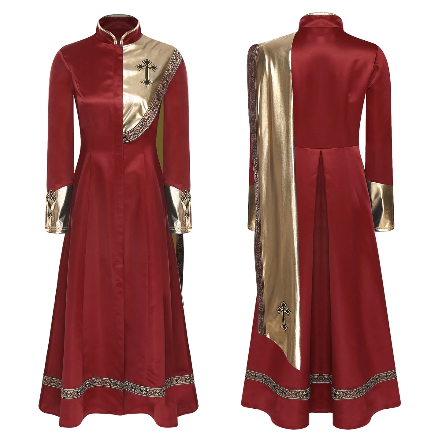Women Pastor Robe Cassocks Long Sleeve Cross Print Priest Vestment Church Choir Gown Halloween Catholic Clergy Cosplay Costume