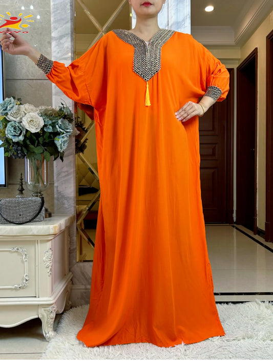 2025New Muslim Women Long Sleeve Autumn Dress Cotton With Big Scarf Boubou Maxi Islam Women Dress African Abaya