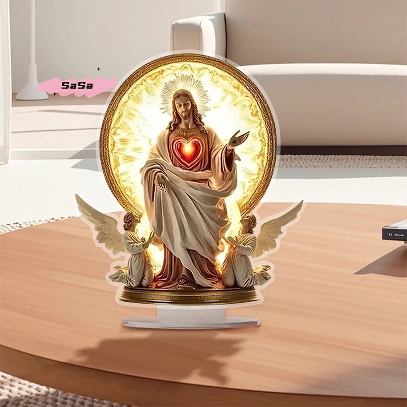 S-1Pc Sacred Heart Of Jesus Angel Acrylic Ornament - Traditional Religious Art Decor with Base for Home Desktop Display