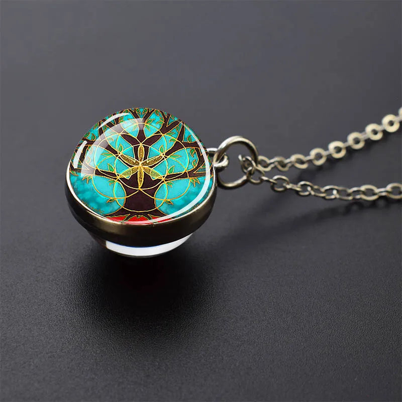 Sacred Geometry-Metatron's Cube Necklaces Sri Yantra Mandala Double Side Glass Ball Pendant Necklace Buddhist Yoga Jewelry Gift