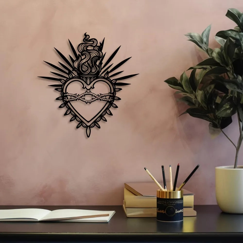 Sacred Heart Metal Wall Art Religious Figure Christ with Sacred Words Verses Decoration for Faith Home Living Room