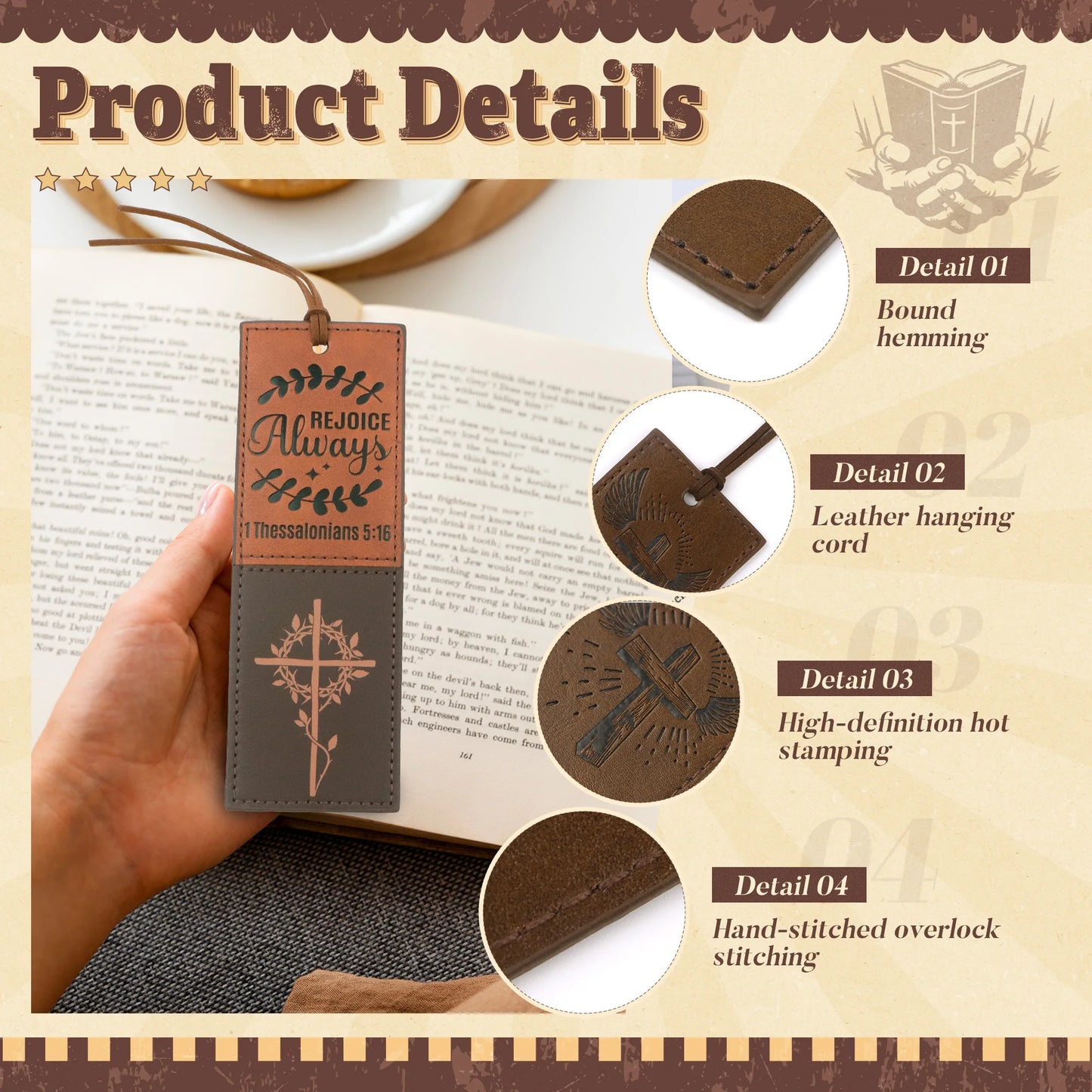 4PCS Inspirational Bible Verse PU Leather Bookmarks for Religious Book Lovers，Readers, Unisex, Teachers, Church, Sunday School