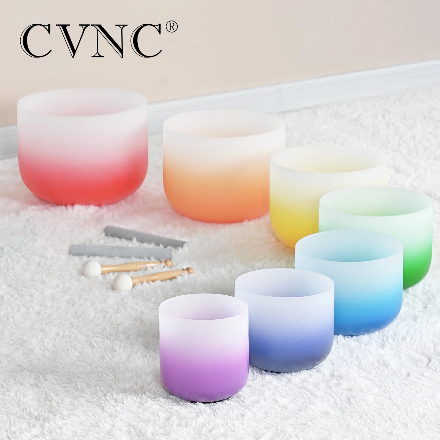 CVNC 6-12 Inch Colored Frosted Quartz Crystal Singing Bowls 7 chakra set for sound healing instrument with Bag