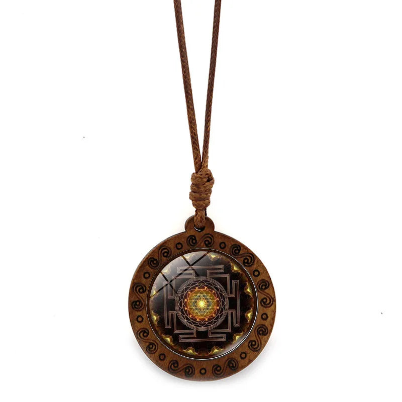Vintage Archangel Metatron Cube Wooden Necklace Sacred Geometry Hexagram Sri Yantra Amulet Jewelry