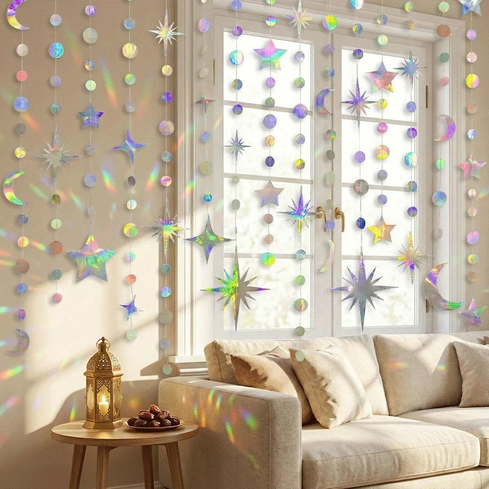 Iridescent Star Moon Circle Dot Hanging Garland Ramadan Eid Mubarak Decoration Twinkle Wedding Baby Shower Birthday Party Decor