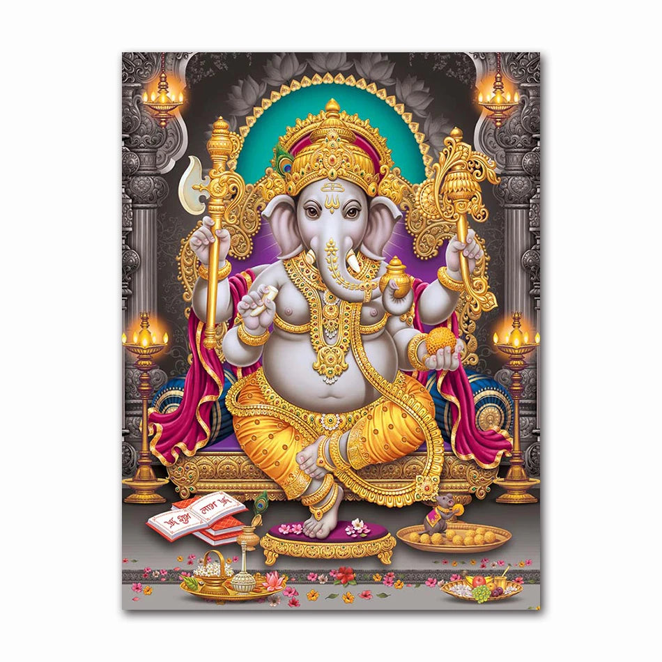 India Hindu Golden Ganesha Temple Poster Shiva Parvati Painting Canvas Prints Elephant God Religion Picture Room Hoom Wall Decor