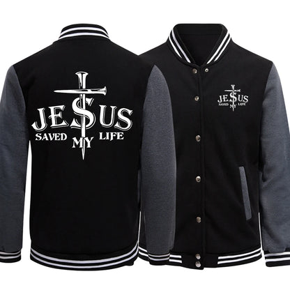 Jesus Saved My Life Letter Graphic Men'S Jackets Preppy Style Baseball Uniforms Casual S-5Xl High Street Motion Clothing