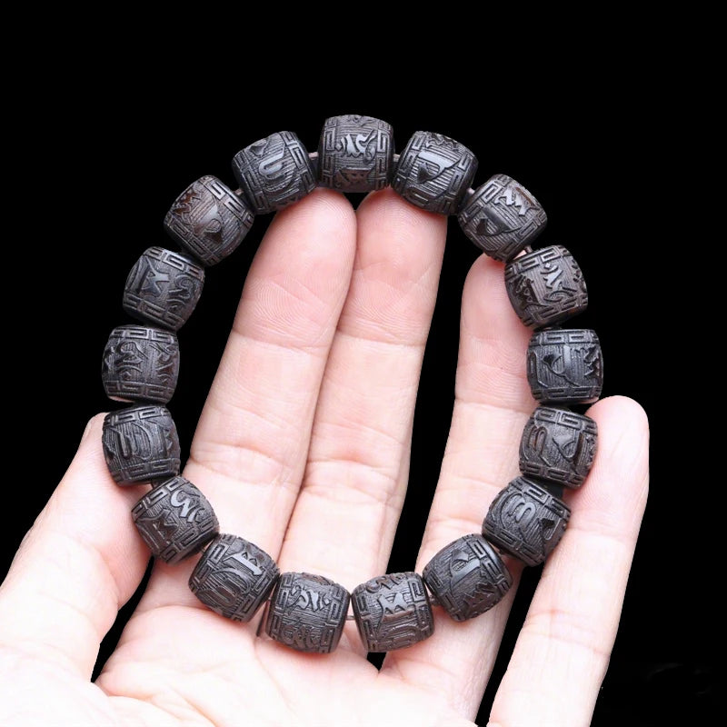 Authentic Natural Ebony Tibetan Six-Character Mantra Tibetan Prayer Wheel Bracelet 15mm Unisex Bracelet