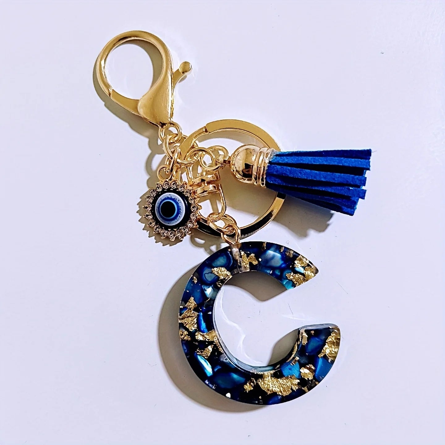 Blue Resin Initial Keychain - Evil Eye Letter Charm with Rhinestones & Tassel, Stylish Gift for Women, Lobster Clasp Accessory