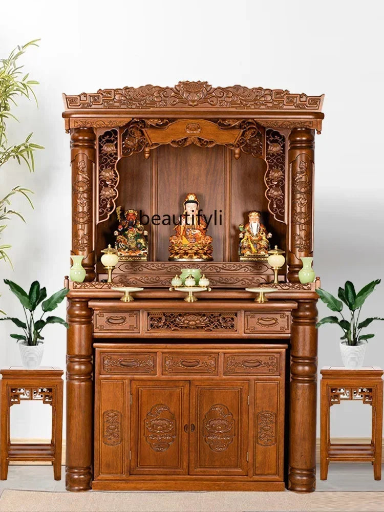 Cy  Solid Wood Buddha Shrine Buddha Cabinet Shrine Chinese Style Back Lamp Buddha Building Worship Prayer Altar Table Altar