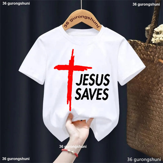 Hot Sale Jesus Saves Graphic Print T Shirt For Girls/Boys Funny Kids Clothes Black/Pink/Red/Blue/Gray/White T-Shirt Summer Tee