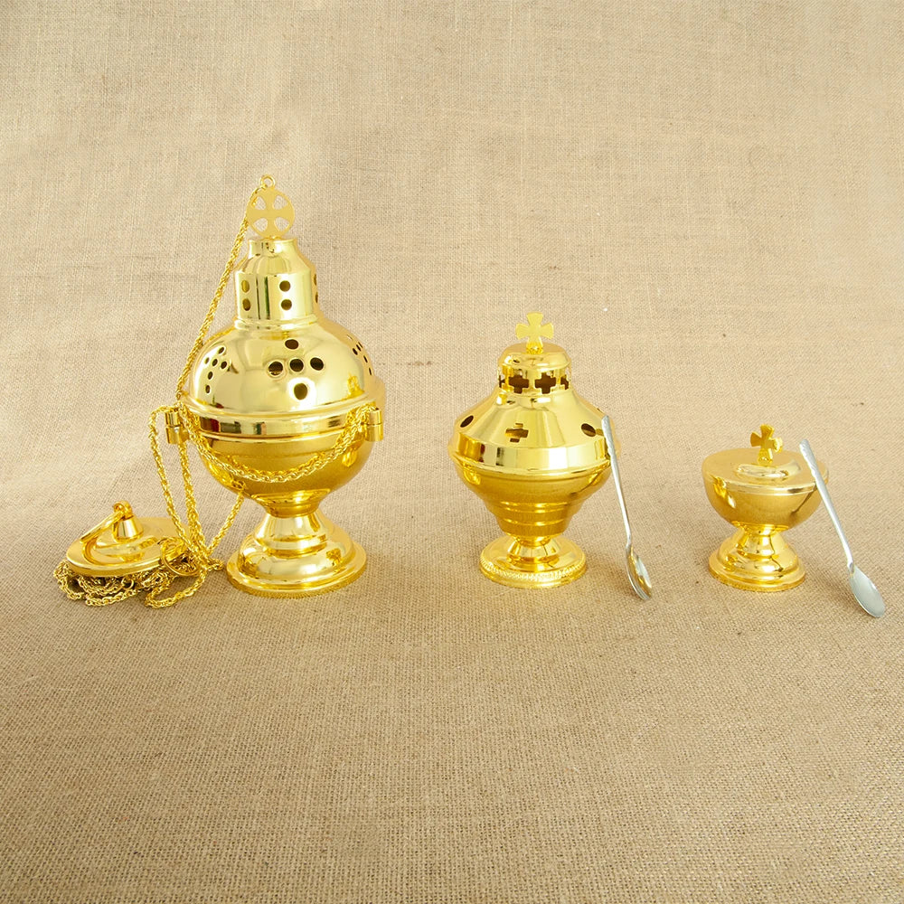 HTISOK Eastern Orthodox Church Censer with Bells Gold Plated Hanging Incense Burner Church Home Decoration Orthodox Censer
