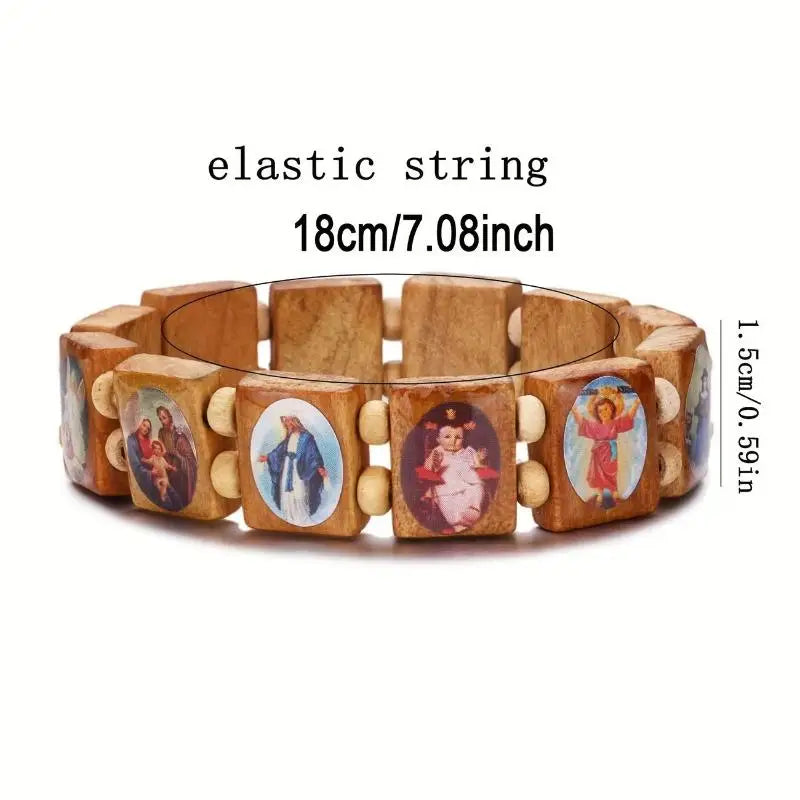 Wooden Rosary Bracelet - Elegant Religious Icon Stickers, Drip Oil Finish, Spiritual Beaded Prayer Jewelry For Devotional Wear_
