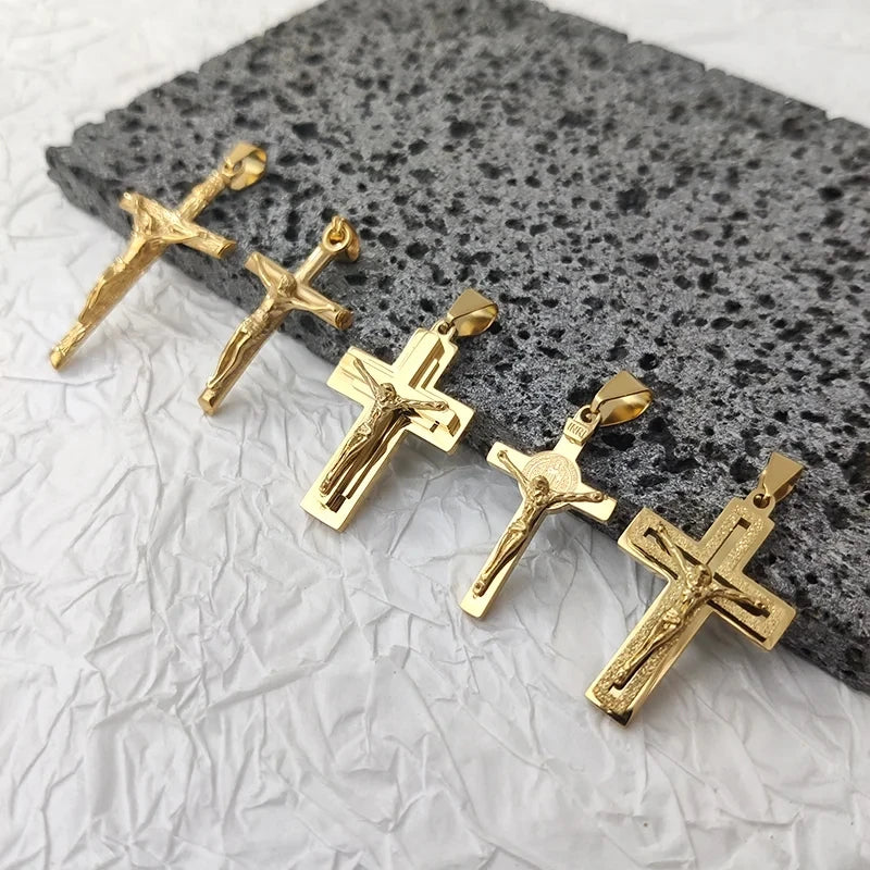 Jesus Cross 18k Gold Plated Stainless Steel Pendant Necklace For Men Unisex Religious Waterproof  Jewelry Accessories