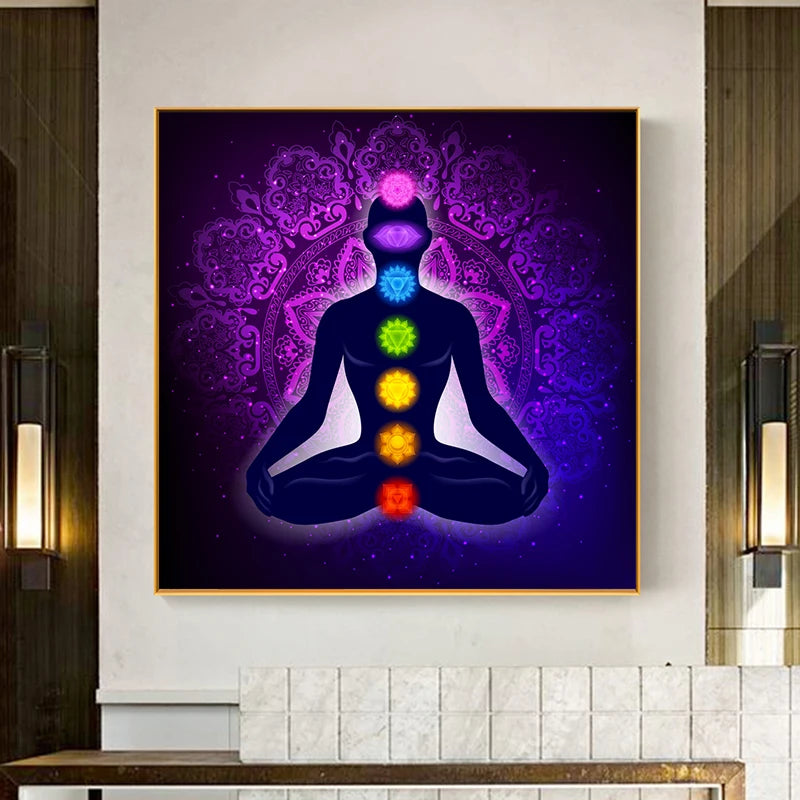 Canvas Painting Art Posters Prints Indian Buddha Meditation 7 Chakra Yoga Sports Wall Art Pictures for Living Room Bedroom Decor