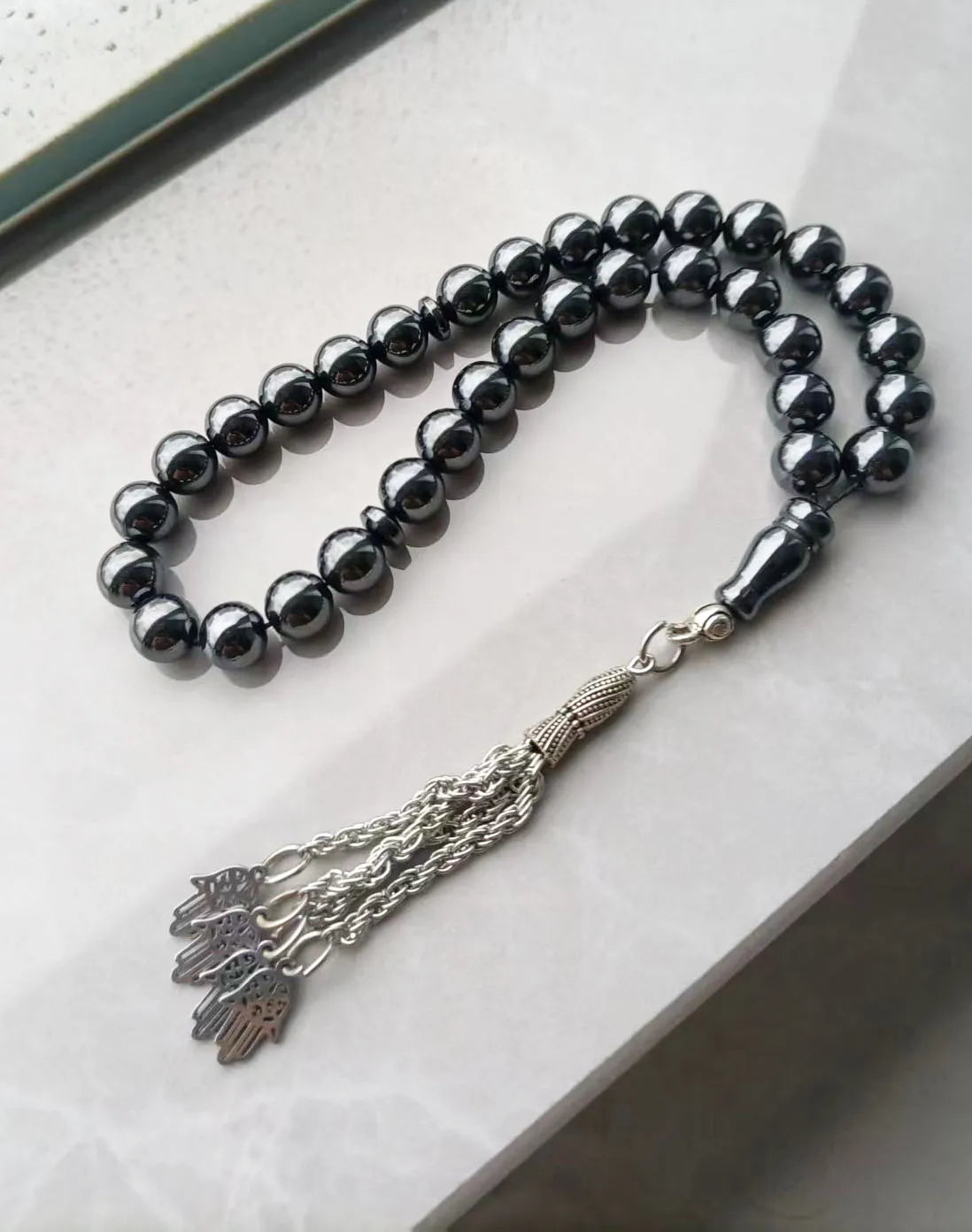 100% Natural 33 hematite Fatima/Hamsa jewelry Muslim rosary prayer beads Tasbih tesbih Allah Masbaha Misbaha sibha subha