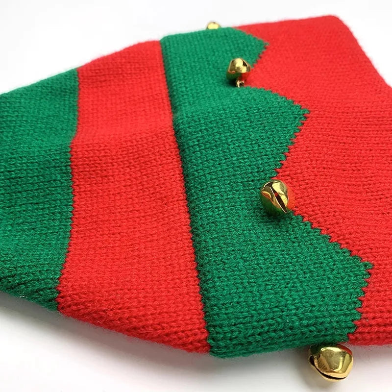 Christmas Knitted Wool Hat For Mother And Kids Red Color-Block Design, With Bells, Festive Christmas Hat For Winter