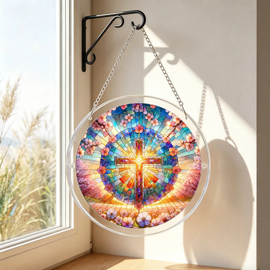 Stained Glass Cross with Flowers Acrylic Puzzle Suncatcher, 18cm/20cm Round Window Hanging