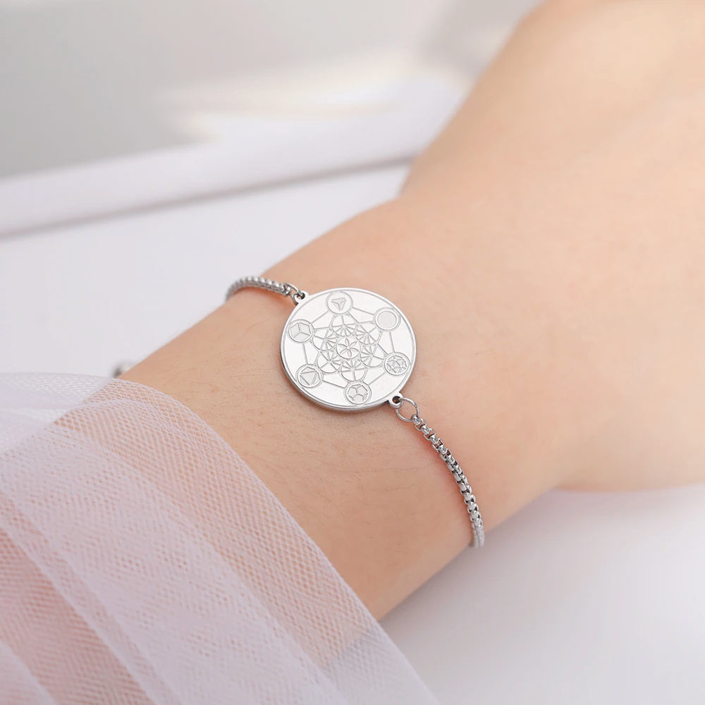 Dawapara Metatrons Cube Kabbalah King Solomon Seal Coin Bracelet Gifts for Women Sacred Geometry Amulet Stainless Steel Jewelry