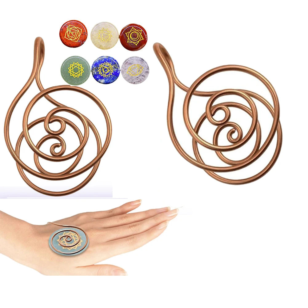 Adjustable Copper Palm Ring Reiki Spiral Hand Rings For Meditation Energy Healing With Stone For Crystal Work, Chakra Balancing
